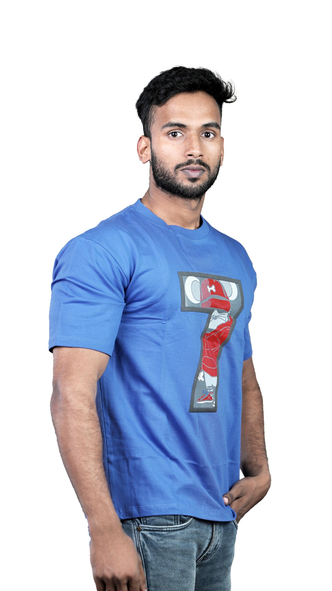 Blue NIUEMAN NO 7 French Terry Drop Shoulder T-Shirt