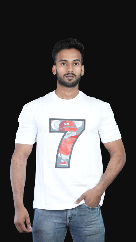 White NIUEMAN NO 7 French Terry Drop Shoulder T-Shirt